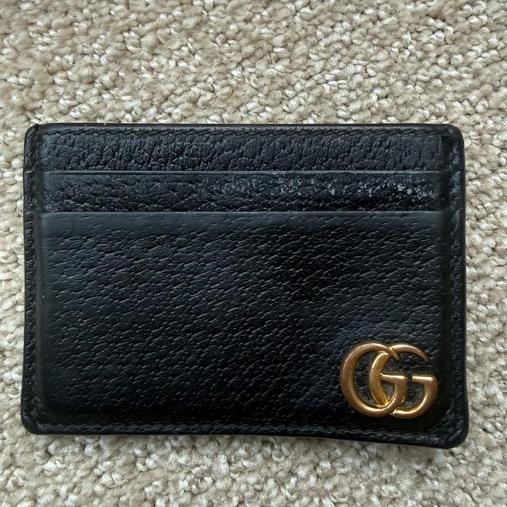 Gucci Black Leather Card Holder with Gold Double G Logo